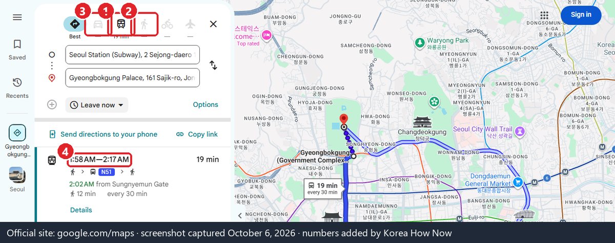 Transit directions from Seoul Station to Gyeongbokgung on Google Maps