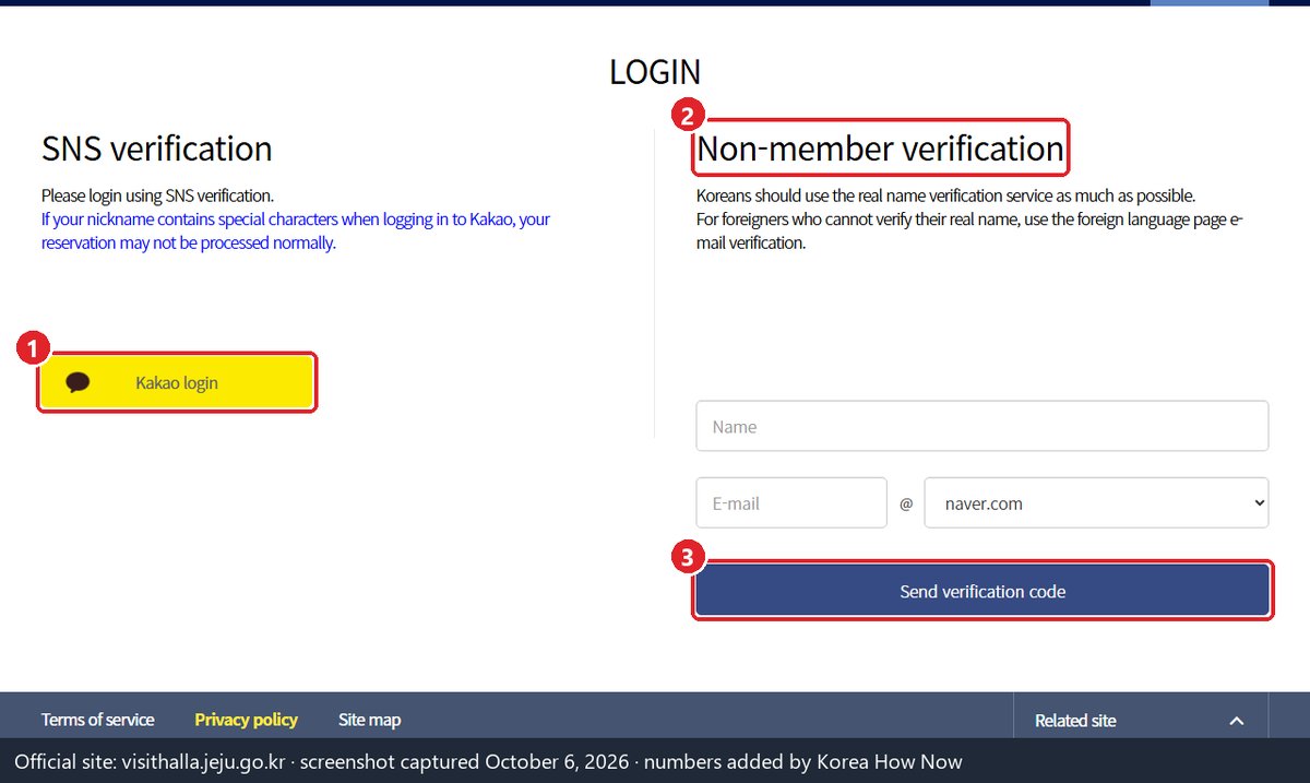 The sign-in page on the official Hallasan booking site, screenshot with numbered markers