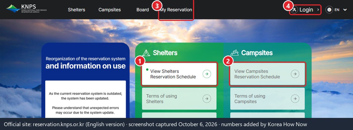 The English home page on the English version of the Korea National Park Service booking site