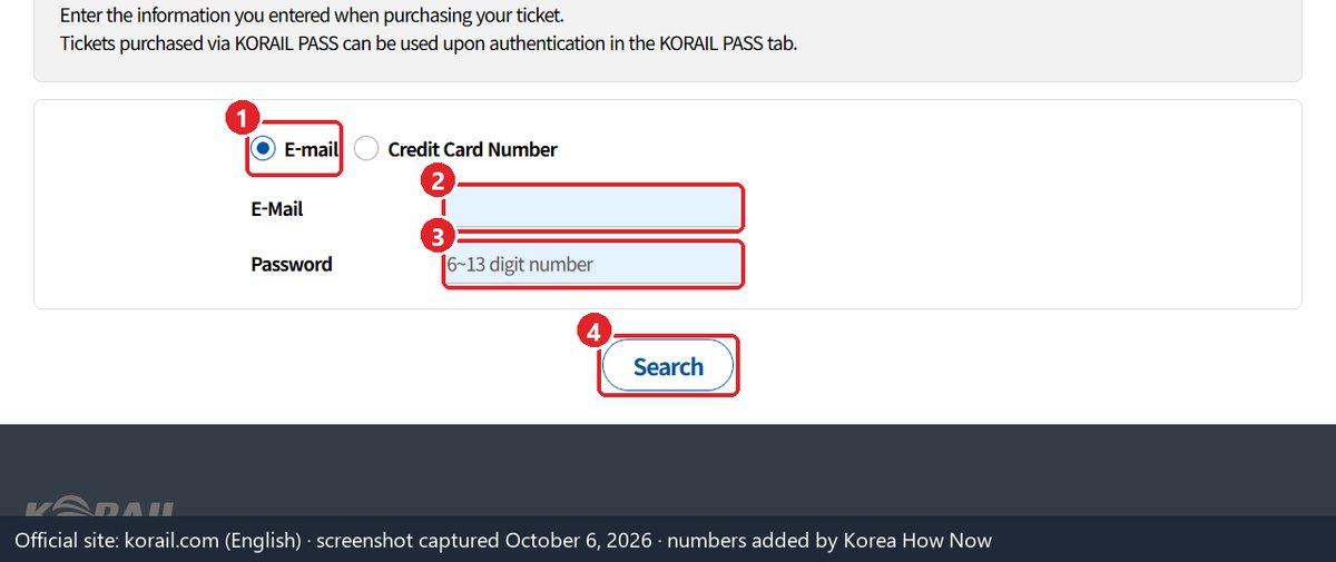 The MY TICKET lookup for non-members on Korail's official English booking site, screenshot with numbered markers