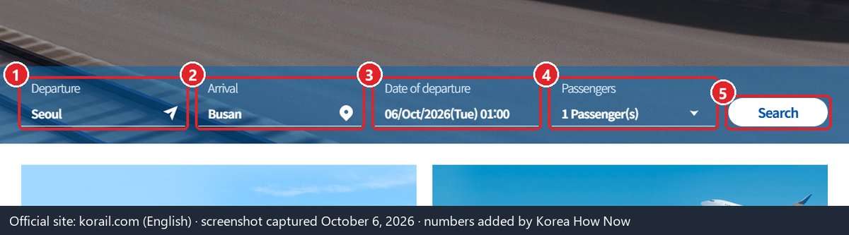 The train search bar on Korail's official English booking site, screenshot with numbered markers