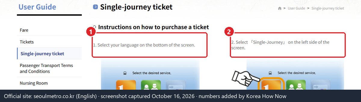 Seoul Metro English page showing the first two steps for buying a single-journey ticket at the machine